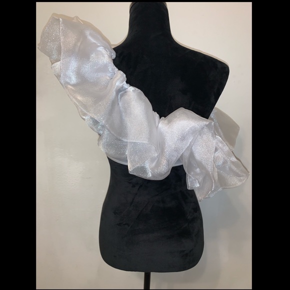 White Satin Ruffled Crop Top - Picture 4 of 8